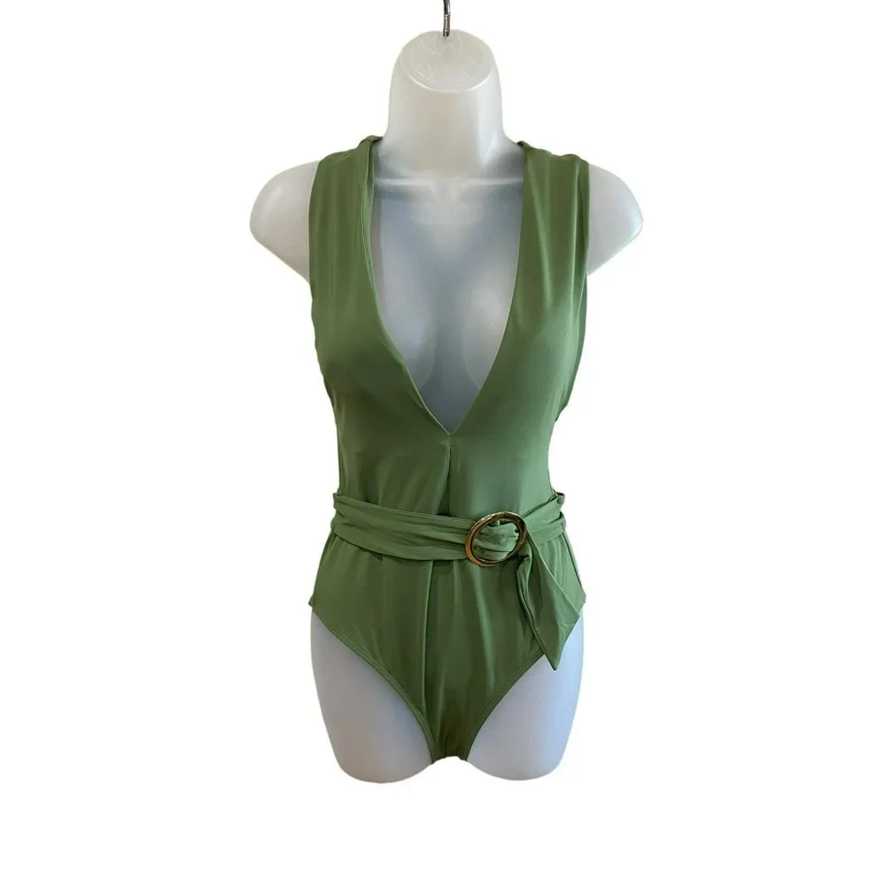 Women's Solid Deep V One Piece Swimsuit Bay Leaf SIZE Medium